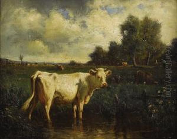 Cattle In The Stream Oil Painting by Emile Van Marcke De Lumman
