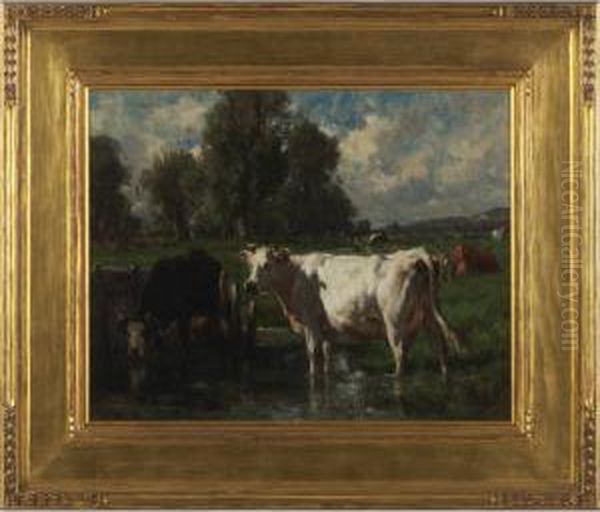 Wading Cows Oil Painting by Emile Van Marcke De Lumman