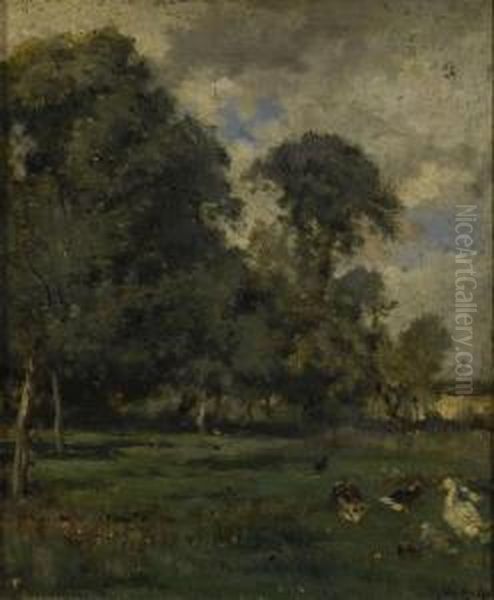 Landschaft Mit Enten. Oil Painting by Emile Van Marcke De Lumman