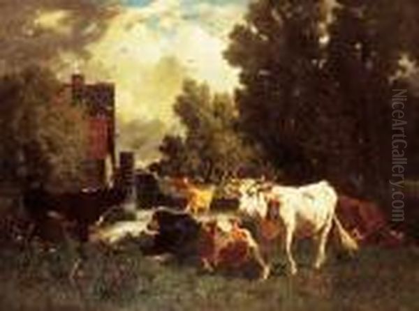 Vaches Aupres D'un Moulin, Circa 1870. Oil Painting by Emile Van Marcke De Lumman