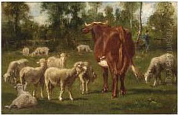A Cow And Sheep In A Meadow Oil Painting by Emile Van Marcke De Lumman