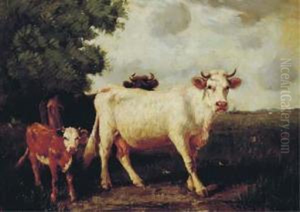 Cattle In A Pasture Oil Painting by Emile Van Marcke De Lumman