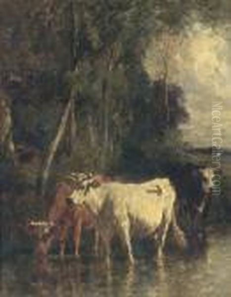 Cattle At The River Oil Painting by Emile Van Marcke De Lumman