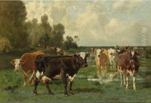 Landscape With Cattle Oil Painting by Emile Van Marcke De Lumman
