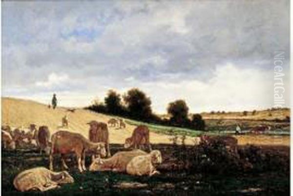 < Berger Et Ses Moutons >. Oil Painting by Emile Van Marcke De Lumman