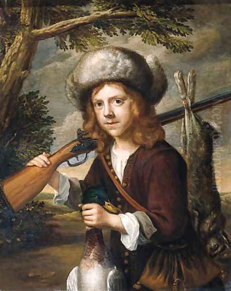 A portrait of a youth, standing three quarter length in a landscape, holding a dead duck and a rifle Oil Painting by Govaert Flinck Cleve