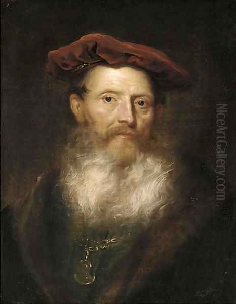 Portrait of a bearded man, bust-length, in a fur-trimmed black coat and a velvet cap Oil Painting by Govaert Flinck Cleve