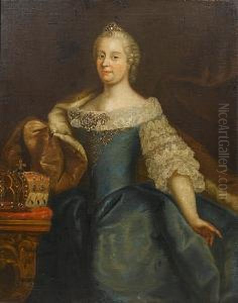 Portrait Of Empress Maria 
Theresa, Three-quarter-length, Standing In A Blue Dress With An 
Ermine-lined Wrap, Beside A Table With Two Crowns Oil Painting by Ircle Of Martin Van Mytens