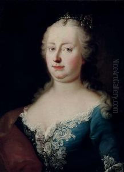 Portrait Of Empress Maria 
Theresa Von Habsburg, Bust-length, In A Silver Embroidered Blue Dress 
And A Red And Gold Wrap Oil Painting by Ircle Of Martin Van Mytens