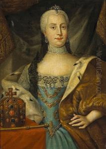 A Portrait Of Empress Maria 
Theresa Of Austria In A Blue Dress And Ermine Cape, Her Crown And 
Scepter To The Left Oil Painting by Ircle Of Martin Van Mytens