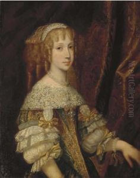 Portrait Of A Lady, Half-length,
 In A Gold And Blue Silk Dress With Lace Trim, Wearing A Pearl Necklace 
And Bracelet Oil Painting by Ircle Of Martin Van Mytens