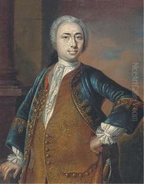 Portrait Of A Gentleman, 
Standing Three-quarter-length, In A Goldembroidered Waistcoat And Blue 
Coat, Wearing A Sword Oil Painting by Ircle Of Martin Van Mytens