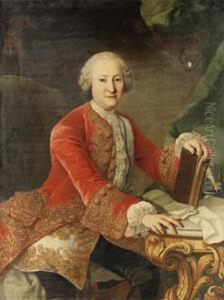 Portrait Of A Gentleman, Seated 
Three-quarter Length, Wearing A Redvelvet Brocade Jacket And A White 
Satin Brocade Waistcoat And Lacecravat, Beside A Marble Topped Table, 
His Hand Resting On Abook Oil Painting by Ircle Of Martin Van Mytens