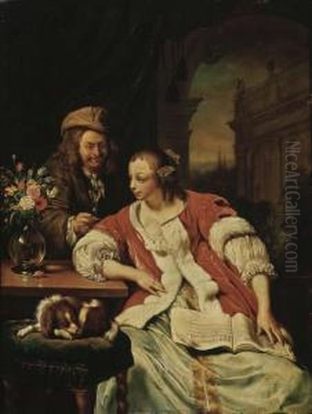 A Man Offering A Glass Of Wine 
To An Elegant Young Lady Studyingmusic In An Interior, A Flower Still 
Life On A Table Oil Painting by Frans van Mieris