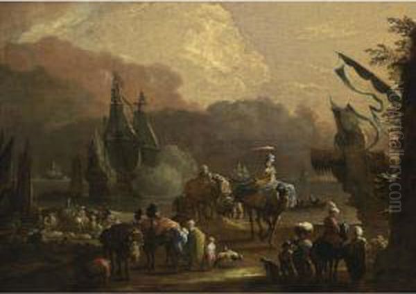 A Mediterranean Harbour Scene 
With Merchants Transporting Their Goods, Muleteers Loading Their Mules, 
Laden Camels Transporting Goods, Together With A Full-rigged Merchantman
 Firing A Salute And Other Vessels And Rowing Boats In The Background Oil Painting by Hendrik van Minderhout
