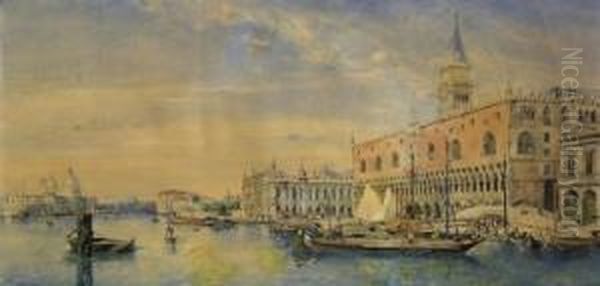 Venice. Veduta With View On 
Doge's Palace And San Marco. Signed And Dated Lower Left: J. B. Van Moer
 1850. Watercolours And Gouache On Paper. 32 X 62cm. Framed Oil Painting by Jean Baptiste van Moer