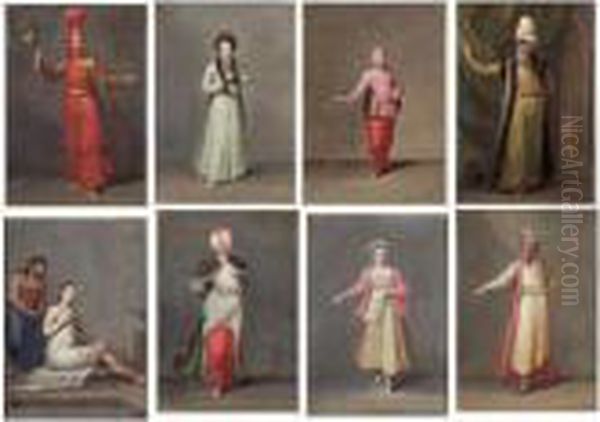 L'tbriktar-agassi, Officer In 
Waiting To The Sultan; The Princess Of Valaquie; A Young Turk; The Grand
 Vizier In Ceremonial Robes; A Turkish Girl Dressing Her Hair At The 
Baths; Tchelebi; A Young Woman Of Patmos; An Armenian From Persia. Oil Painting by Jan-Baptiste Vanmour