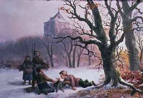 Children Playing in the Snow Oil Painting by R. Favelle