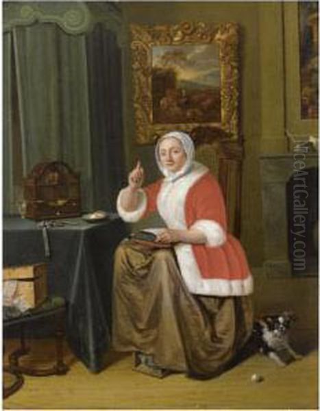 A Lady Sitting In An Interior, 
Embroidering At A Table With A Bird In A Birdcage, Together With A Dog Oil Painting by Michiel van Musscher