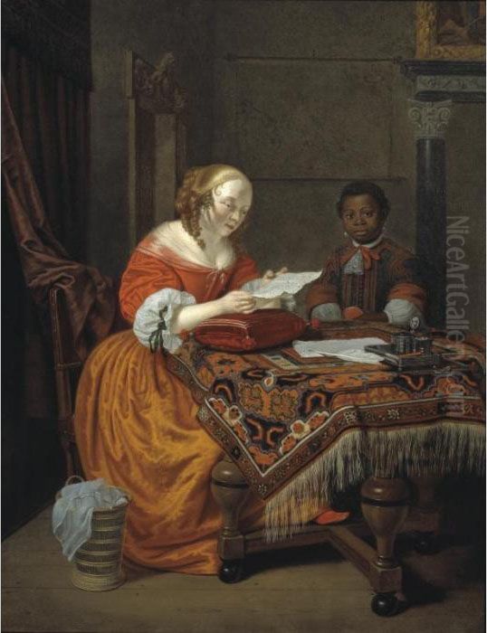 An Interior With A Young Girl, 
Seated At A Table Covered With An Indian Carpet And Reading A Letter, 
Attended By A Negro Page Oil Painting by Michiel van Musscher