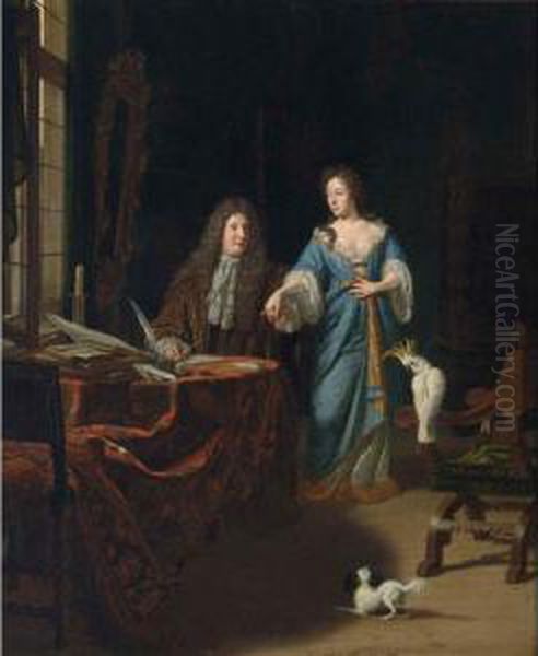 A Portrait Of An Elegant Couple 
Behind A Table In An Elaborate Interior With A Chinese Lacquer Drawer 
Accompanied By A Dog And A Cockatoo On A Chair Oil Painting by Michiel van Musscher