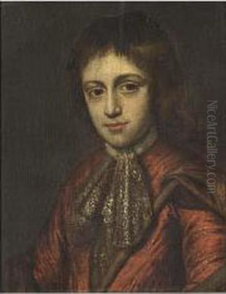 A Portrait Of A Boy, Bust 
Length, Wearing A Red Costume With A White Chemise And Brown Velvet 
Cloak Oil Painting by Michiel van Musscher