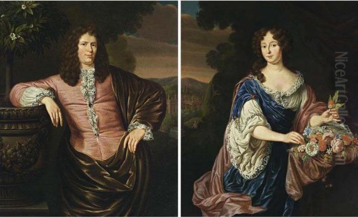 A Portrait Of A Gentleman, 
Standing Three-quarter Length, Wearing A Pink Satin Suit With White 
Chemise And A Brown Velvet Cloak; A Portrait Of His Wife, Standing 
Three-quarter Length, Wearing A Blue Satin Dress With A White Underdress
 And A Pink S Oil Painting by Michiel van Musscher