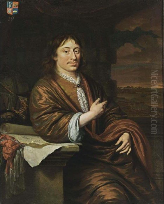 A Portrait Of Gerard Pietersz. 
Hulft (1621-1656), Seated Three-quarter Length, Wearing A Red Overcoat 
Over A Yellow Suit With A White Lace Chabot, Leaning On A Pedestal With A
 Still Life Of Maps, A Sword And A Globe, An Exotic Landscape Beyond Oil Painting by Michiel van Musscher