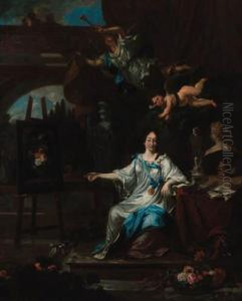 An Allegorical Portrait Of An 
Artist, Probably Rachel Ruysch,seated Full-length, In A White Dress With
 A Blue Sash, Holding Apaint Brush Before An Easel, A Draped Table With A
 Palette, Booksand Sculpture At Her Side, An Angel Blowing A Horn With A
 Oil Painting by Michiel van Musscher