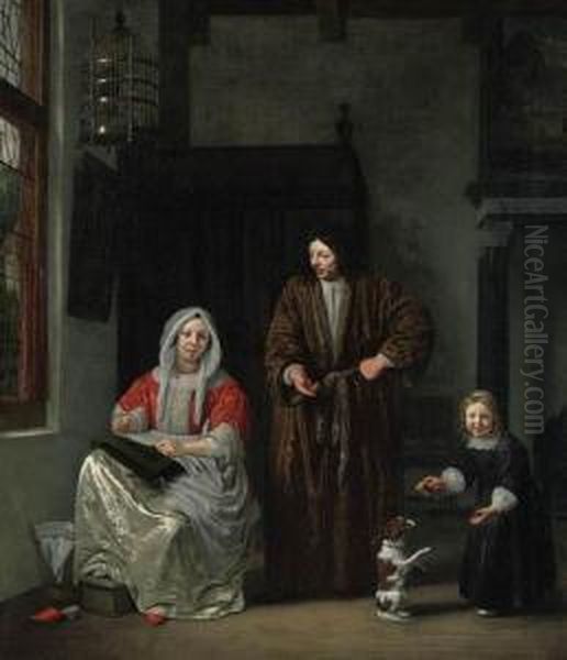 An Elegant Family With A Dog In An Interior Oil Painting by Michiel van Musscher