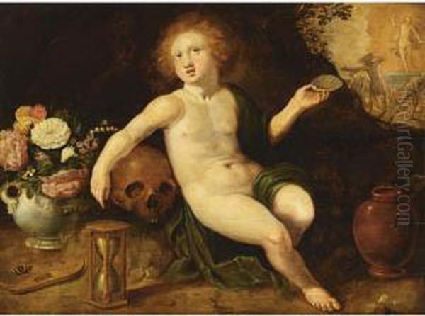 An Allegory Of Vanitas, With A 
Putto, A Skull, An Hourglass And Flowers, The Resurrection Of Christ 
Beyond Oil Painting by Adriaen van Nieulandt