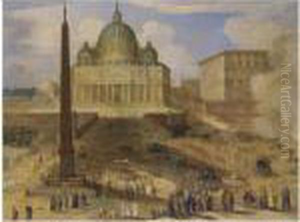 View Of The Saint Peter In Rome,
 Figures Watching A Procession Of Cardinals In The Foreground, Canons 
Firing To The Right Oil Painting by Willem van, the Younger Nieulandt
