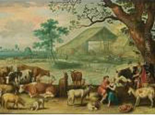 A Landscape With Amorous 
Shepherds And Their Herd With Another Shepherd Near A Tree In The 
Foreground, A View Of A Farm With A Horse-drawn Cart And Cows And Sheep 
Beyond Oil Painting by Willem van, the Younger Nieulandt