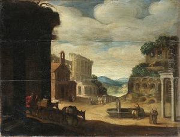 A Roman Landscape With A Drover 
And His Donkeys Before Ruins And Figures By A Fountain In The Distance Oil Painting by Willem van, the Younger Nieulandt