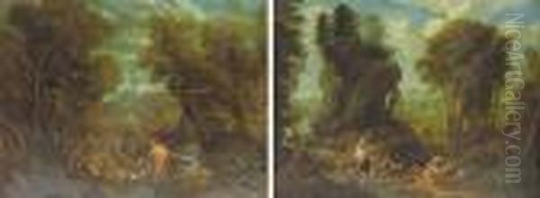 Extensive Italianate Landscapes 
With Shepherds And Shepherdesses Tending To Sheep And Goats Oil Painting by Jan or Joan van Noordt