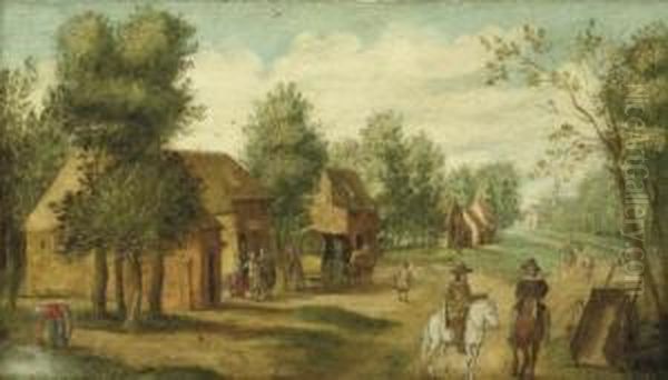 A Village Landscape With Two 
Travellers, Villagers Walking Along A Path And A Church Beyond Oil Painting by Isaak van Oosten