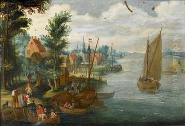 A River Landscape With Figures 
Loading Barges And A Ferry In The Foreground, A Village Beyond Oil Painting by Isaak van Oosten