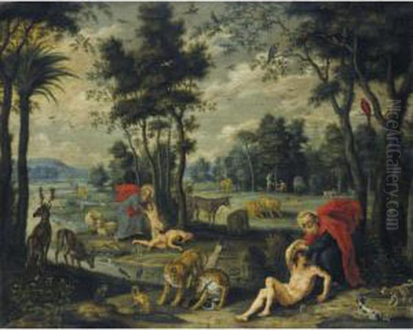 Creation Of Adam And Eve With 
The Temptation And Original Sin In The 
Background Oil Painting by Isaak van Oosten