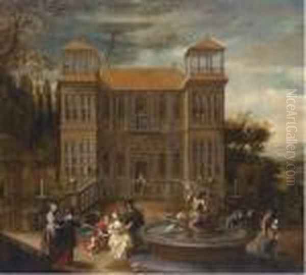 A Country House With Elegant Company Playing Music And Cavorting Inthe Courtyard Oil Painting by Isaak van Oosten