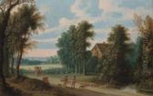 An Extensive Wooded Landscape 
With A Falconer And His Hoop On Apath, Countryfolk And Sheep Beyond Oil Painting by Isaak van Oosten