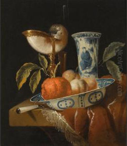 A Still Life With An Orange And 
Peaches In A Porcelain Wan-li Bowl, A Nautilus Cup, A Chinese Porcelain 
Vase And A Knife, All On A Stone Table Draped With A Red Velvet Cloth Oil Painting by Jacob Cornelisz. Van Oostsanen