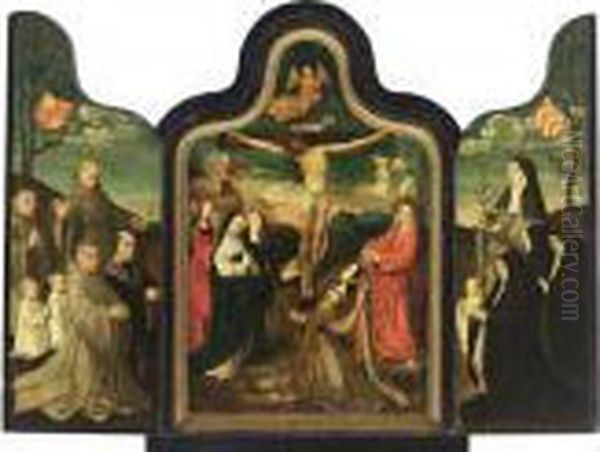 A Triptych: Central Panel: The 
Crucifixion; Left Wing: Saint Francis With Male Donors; Right Wing: 
Saint Barbara With Female Donors Oil Painting by Jacob Cornelisz. Van Oostsanen