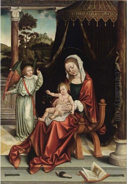 The Virgin And Child Under A 
Canopy, Together With The Archangel Michael, A View Of A Landscape With A
 Castle On A Mountain Beyond Oil Painting by Barend Van Orley