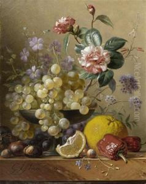 Camellia Spray Amongst Grapes In
 A Silver Bowl, With Chestnut, Medlar, Grapefruit, A Slice Of Lemon And 
Paprika On A Marble Ledge Oil Painting by Georgius Jacobus J. Van Os