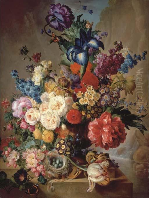 Roses, Peonies, Irises, 
Hollyhocks, Narcissi, Blazing Star,primulas, Marigolds And Other Flowers
 With A Five-spot Burnet Mothin A Vase With A River God Carved In Relief
 On A Plinth Withtulips, Morning Glory, Clematis Oil Painting by Georgius Jacobus J. Van Os