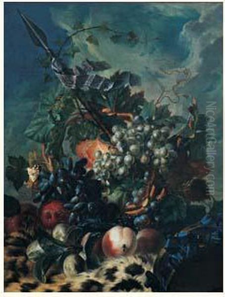 Nature Morte De Raisins, Peches Et Prunes Pres D'un Tambourin
 Disposes Sur Une Peau De Panthere Oil Painting by Georgius Jacobus J. Van Os