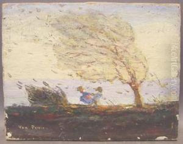Children A Wind Oil Painting by Dearing Van Perrine