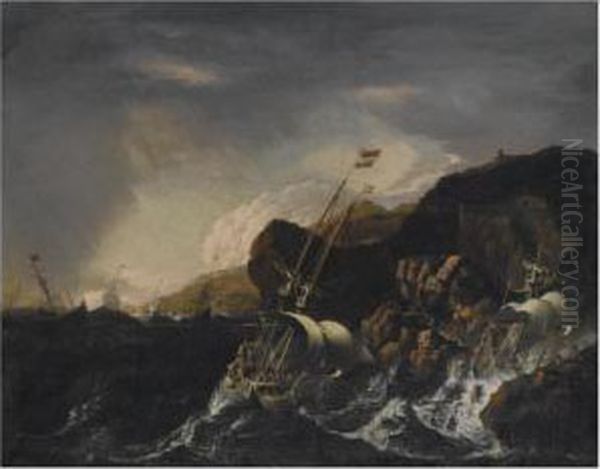 Shipping In A Heavy Storm Along A
 Rocky Coast, A Shipwreck Inthe Foreground, Figures Coming To The Rescue
 On The Shore Oil Painting by Matthieu Van Plattenberg