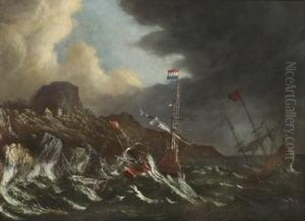 Segelschiffe Auf Sturmisch
 Bewegter See. Oil Painting by Matthieu Van Plattenberg