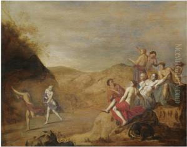 A Mythological Scene With A 
Nymph Pursuing A Young Man And Other Figures Resting In The Foreground 
With A Dog Oil Painting by Cornelis Van Poelenburch